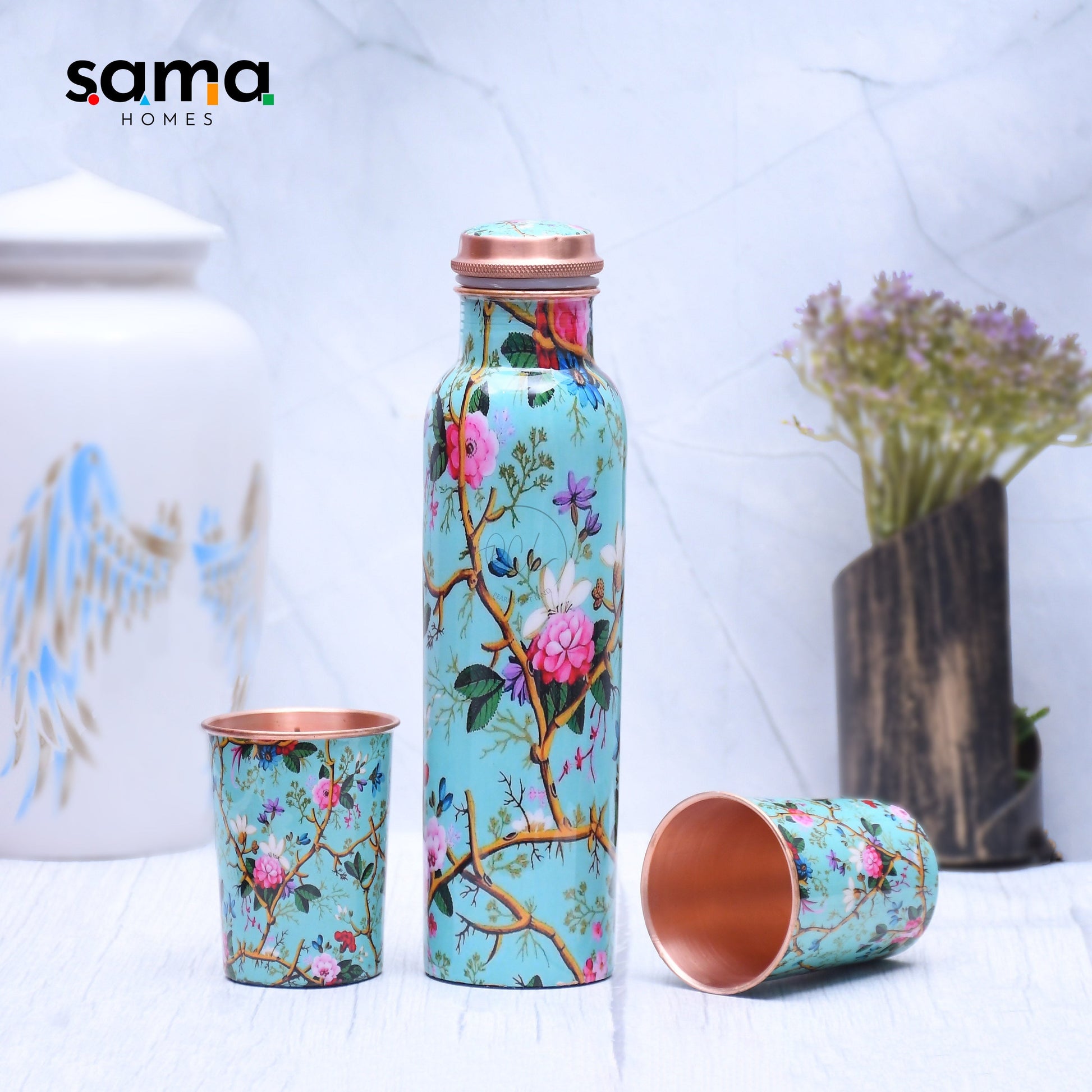 SAMA Homes - exclusive pink rose designed pure copper bottle with 2 glasses set of 3 capacity 1450 ml