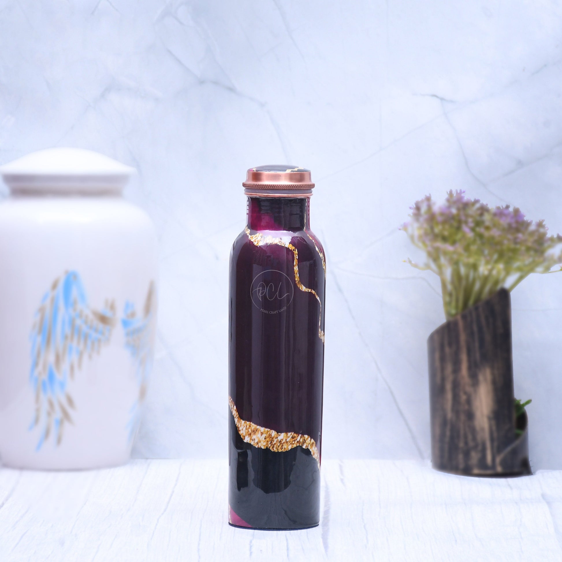 SAMA Homes - exclusive black designed pure copper bottle with golden stripes leak proof capacity 1000 ml