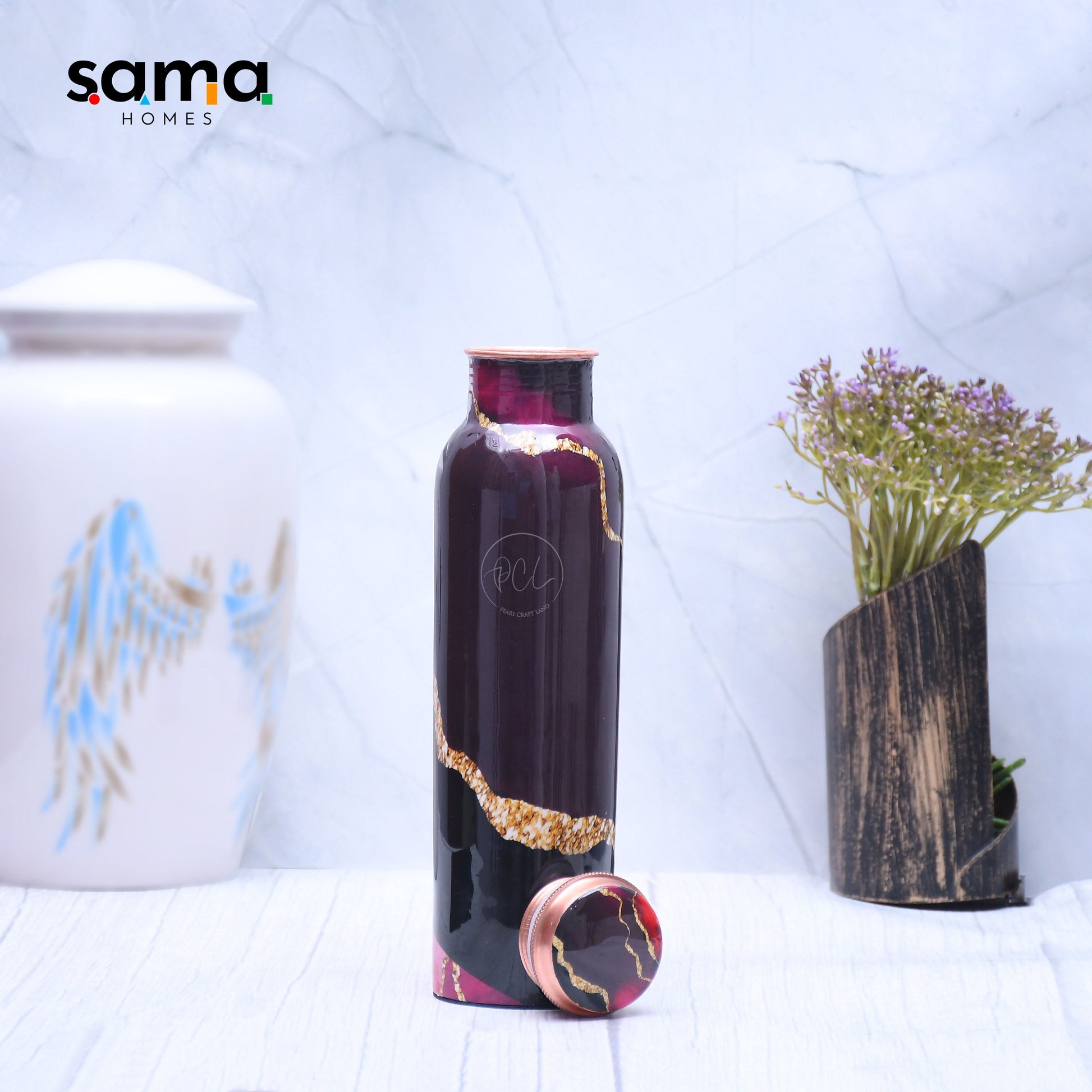 SAMA Homes - exclusive black designed pure copper bottle with golden stripes leak proof capacity 1000 ml