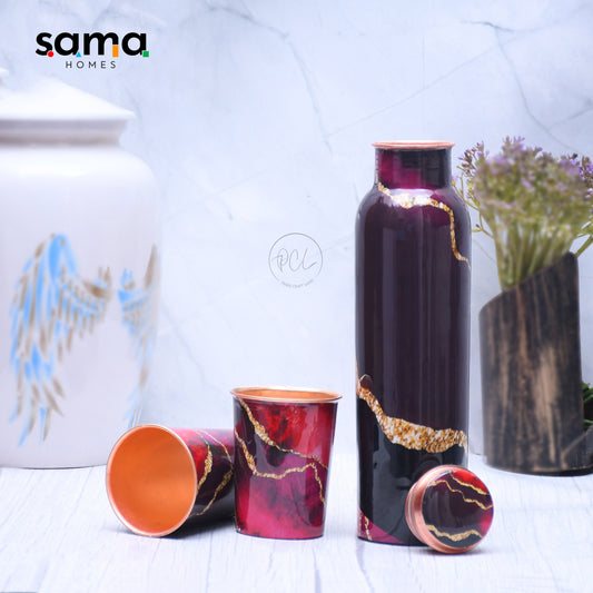 SAMA Homes - exclusive black designed pure copper bottle with golden stripes with 2 glass tumbler 1440 ml