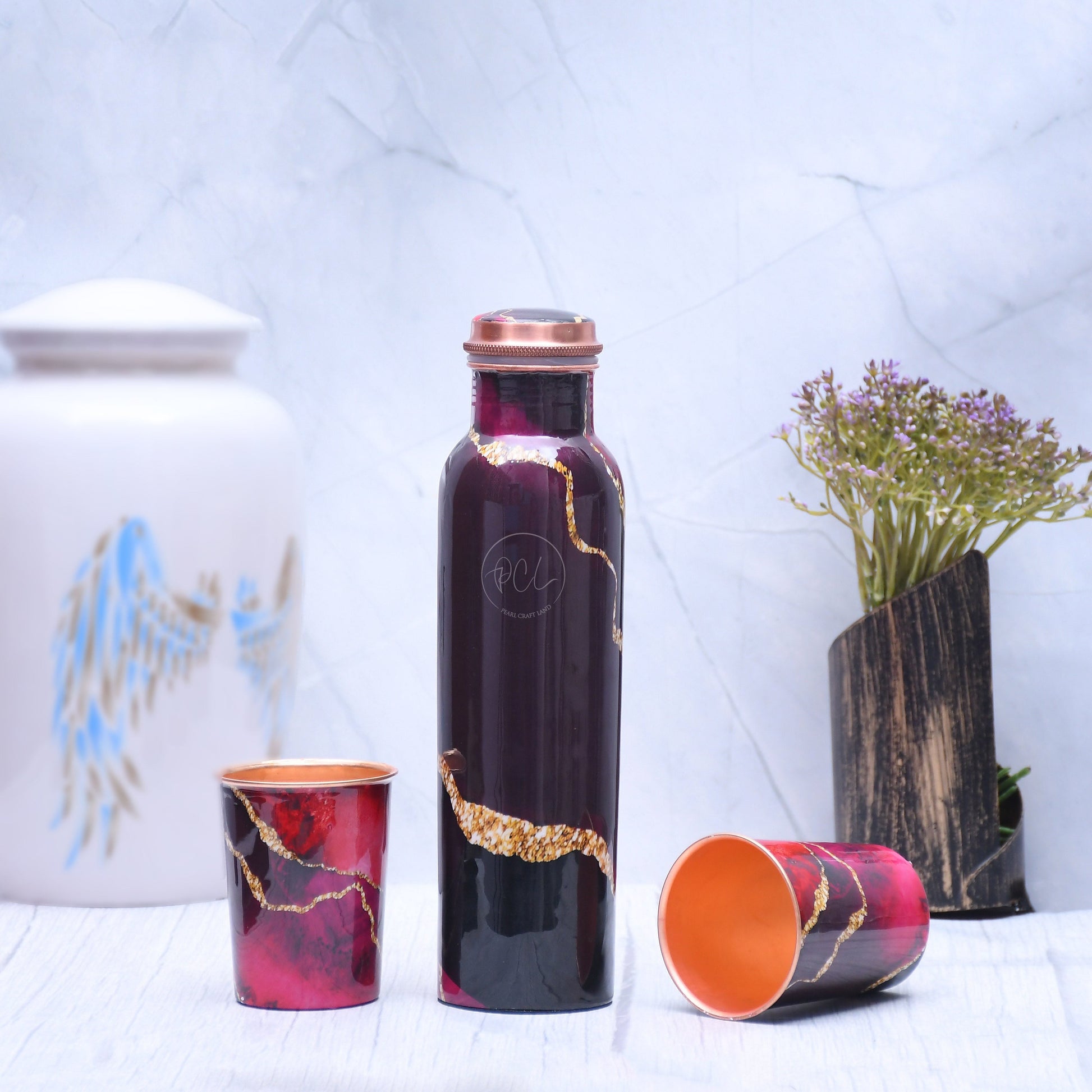 SAMA Homes - exclusive black designed pure copper bottle with golden stripes with 2 glass tumbler 1440 ml