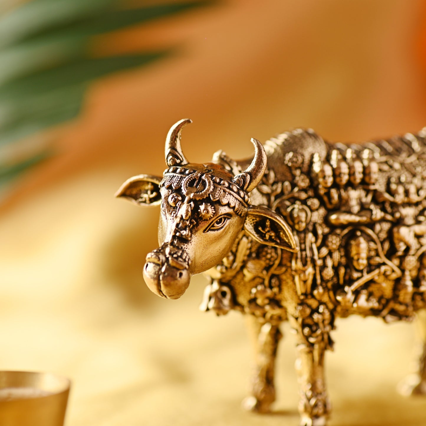 Brass Cow with Engraved Gods and Goddesses – Handcrafted Decor (3 Inch)