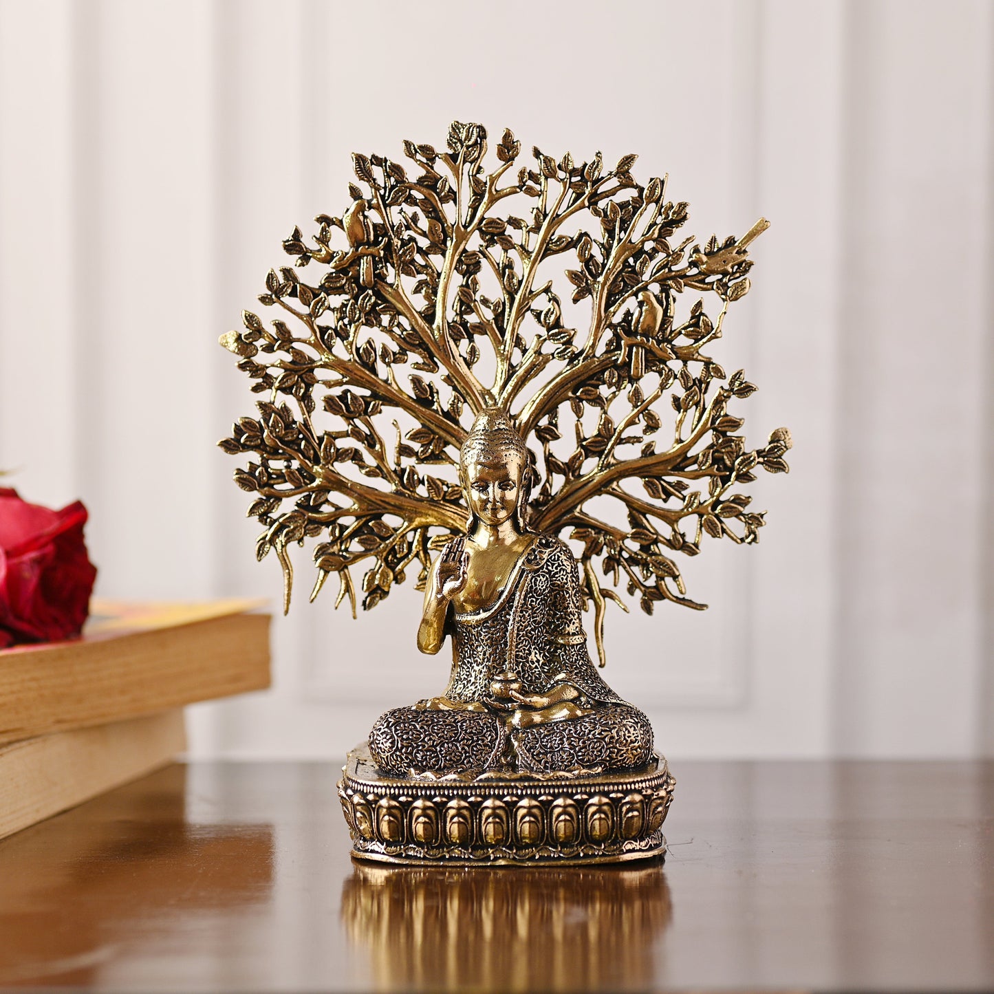 Brass Buddha Statue with Tree – Handmade Spiritual Brassware (6.3 Inch)