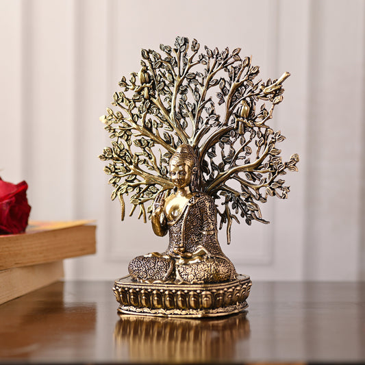 Brass Buddha Statue with Tree – Handmade Spiritual Brassware (6.3 Inch)