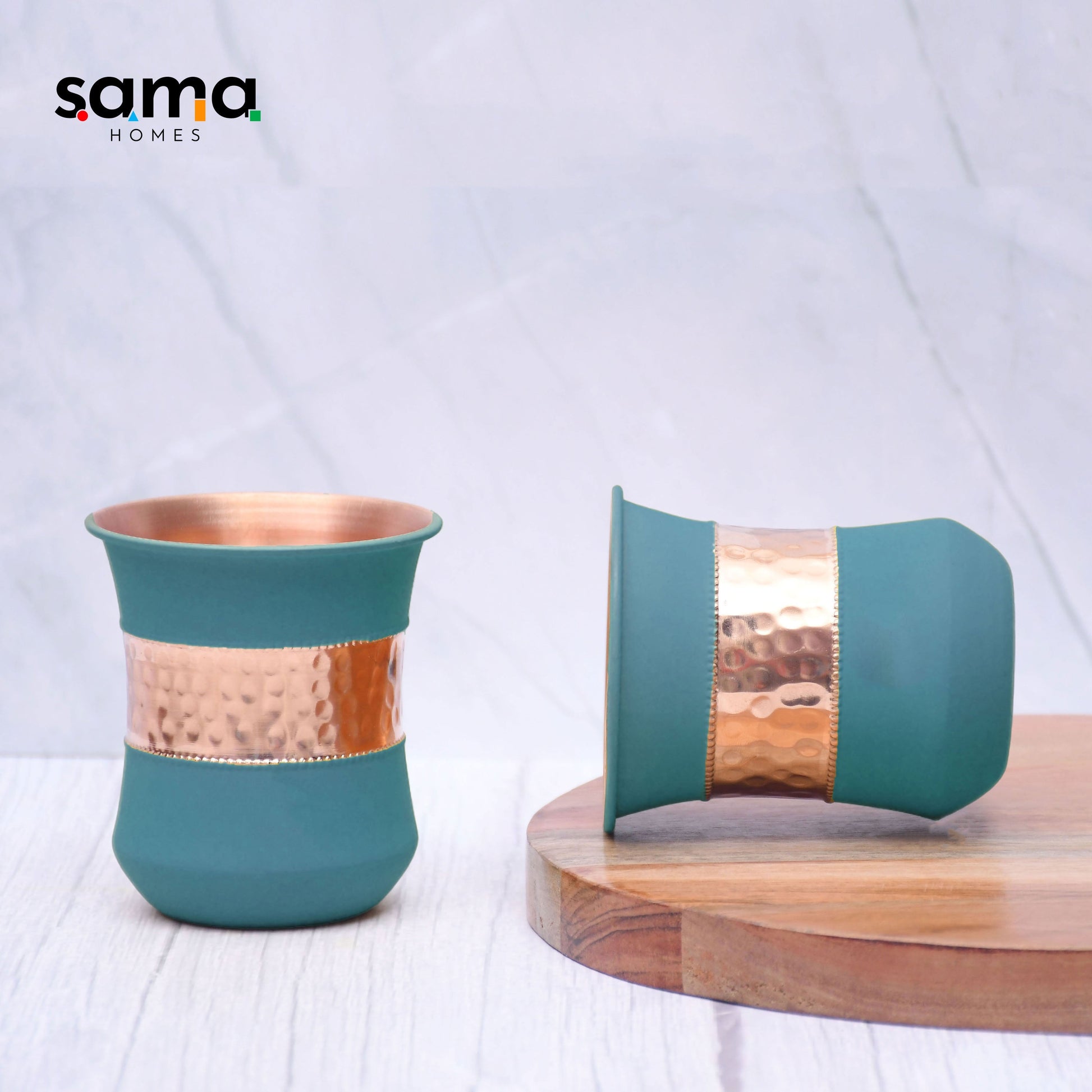 SAMA Homes - pure copper water bottle silk green half hammered with 2 dholak glasses set of 3