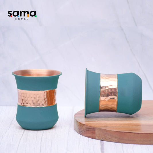 SAMA Homes - pure copper water bottle silk green half hammered with 2 dholak glasses set of 3