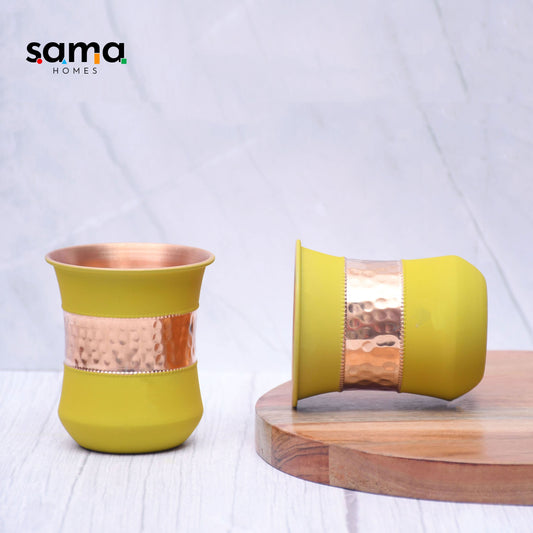 SAMA Homes - pure copper water bottle silk yellow half hammered with 2 dholak glasses set of 3
