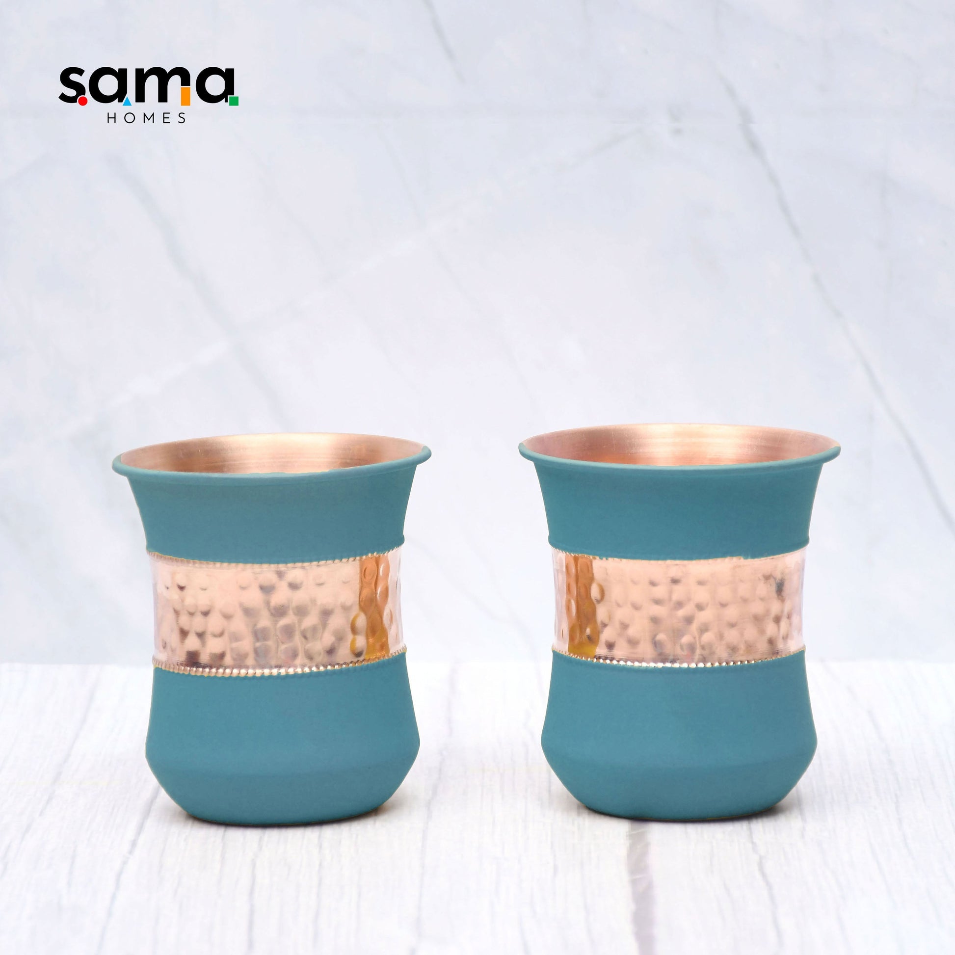 SAMA Homes - pure copper water bottle silk green half hammered with 2 dholak glasses set of 3