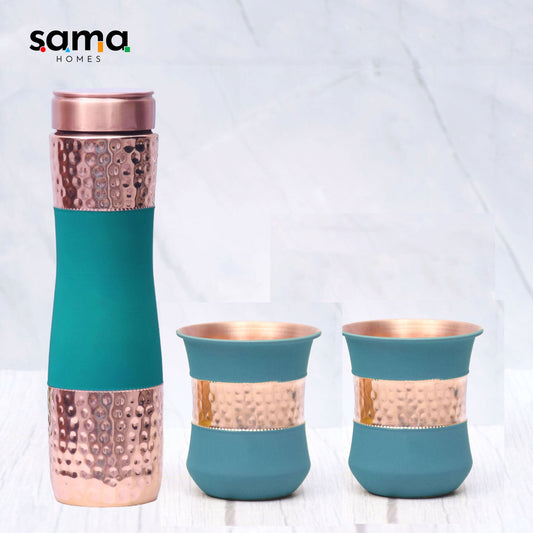 SAMA Homes - pure copper water bottle silk green half hammered with 2 dholak glasses set of 3
