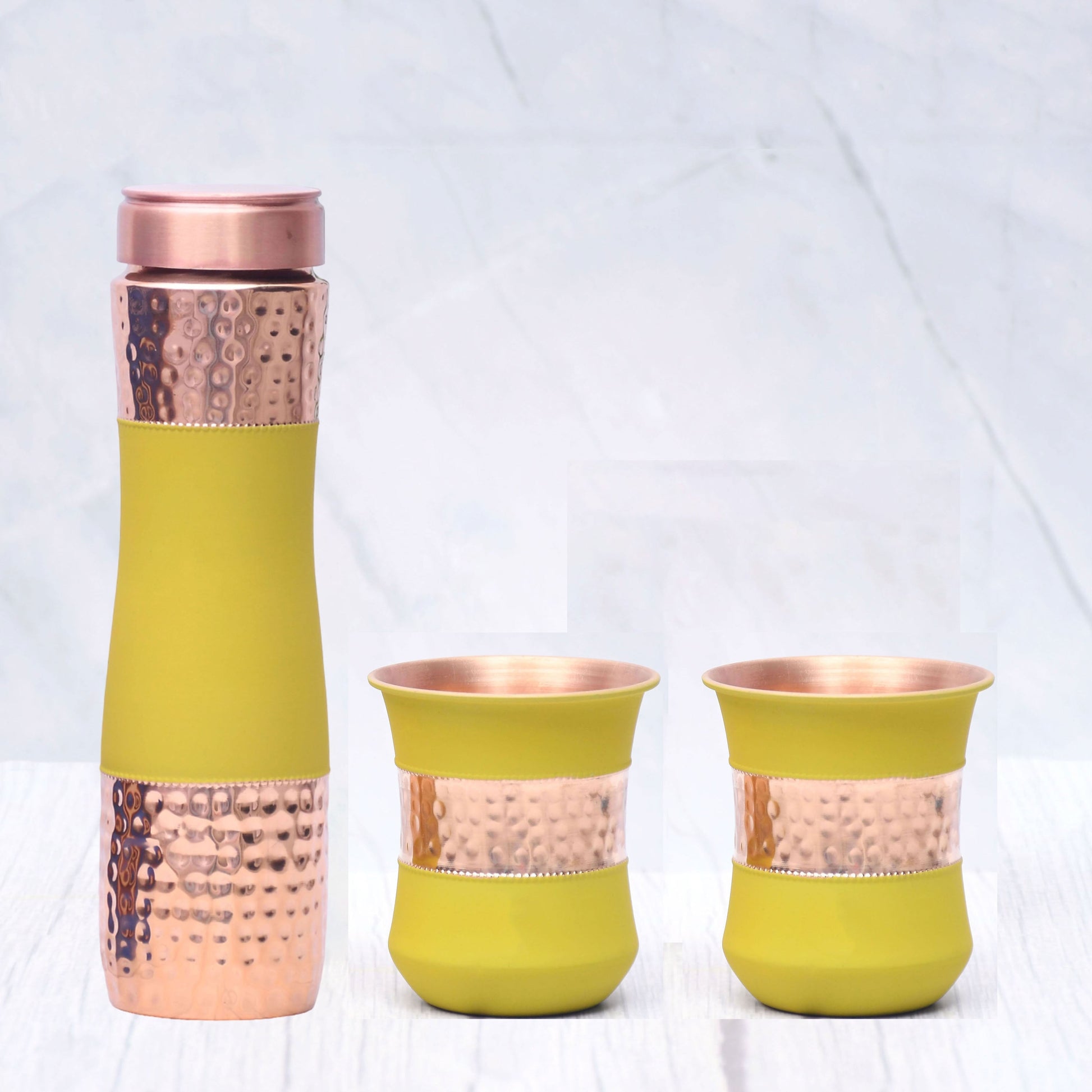 SAMA Homes - pure copper water bottle silk yellow half hammered with 2 dholak glasses set of 3