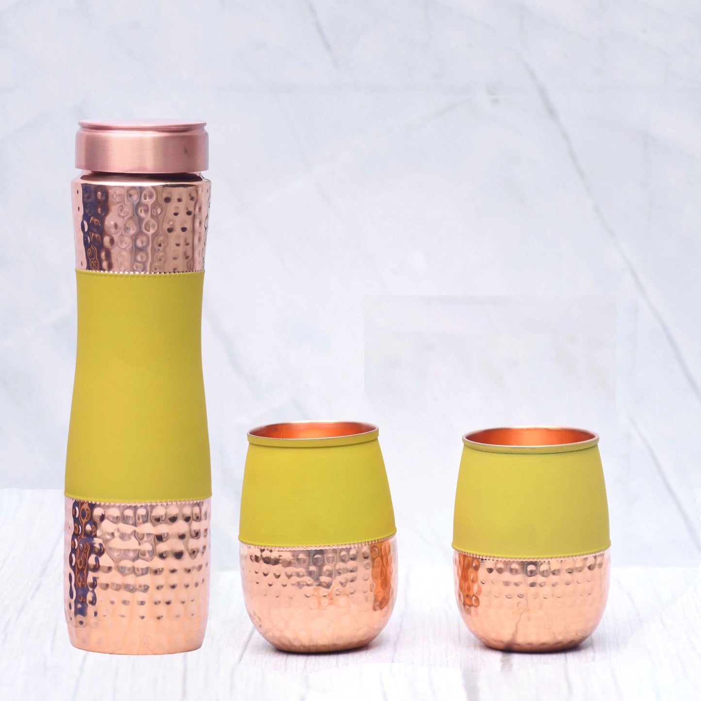 Pure Copper Water Bottle with Tumblers Silk Finish Half Hammered Design - Red | Yellow | Blue | Green | Black Multiple Colours