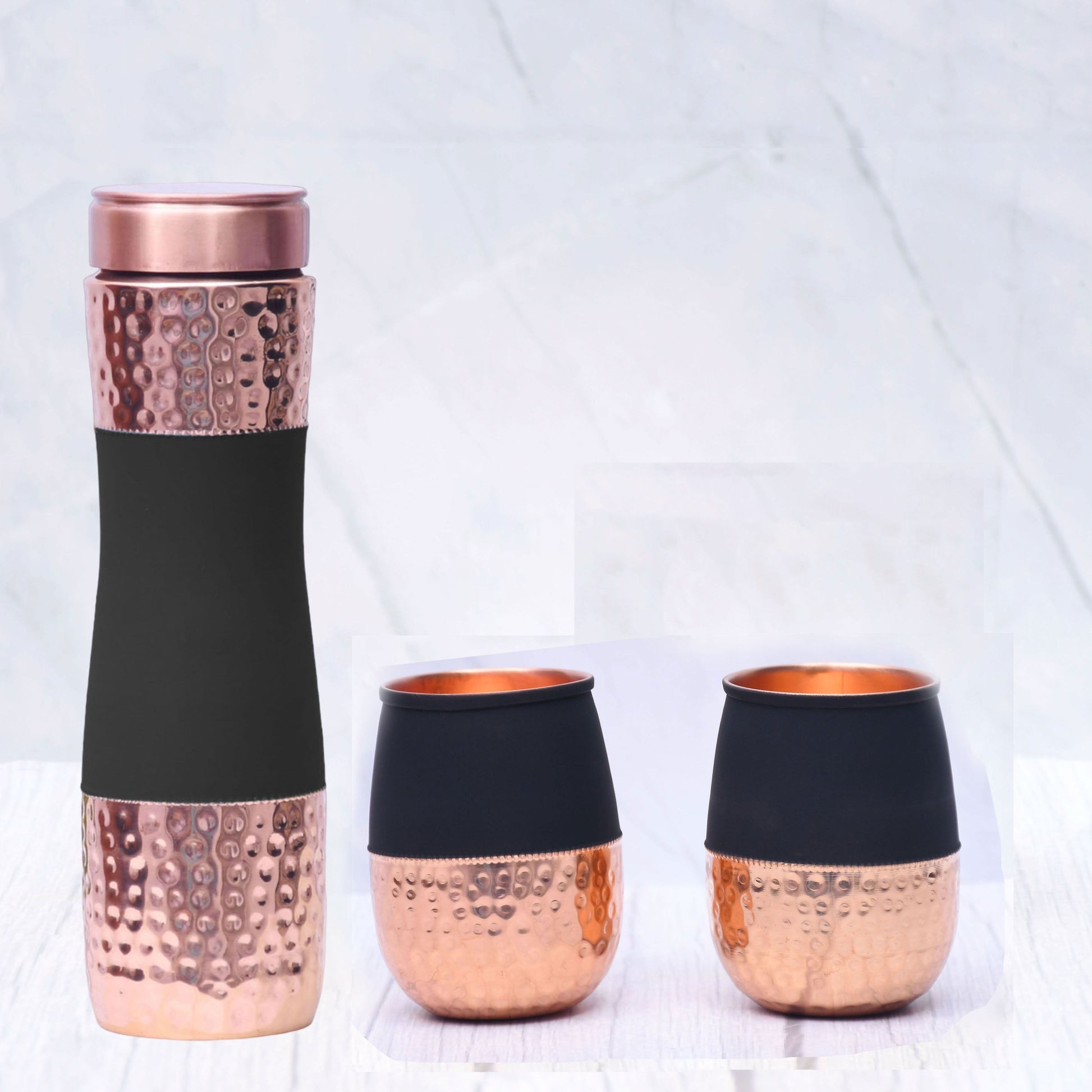 SAMA Homes - pure copper water bottle silk black half hammered with 2 glasses set of 3