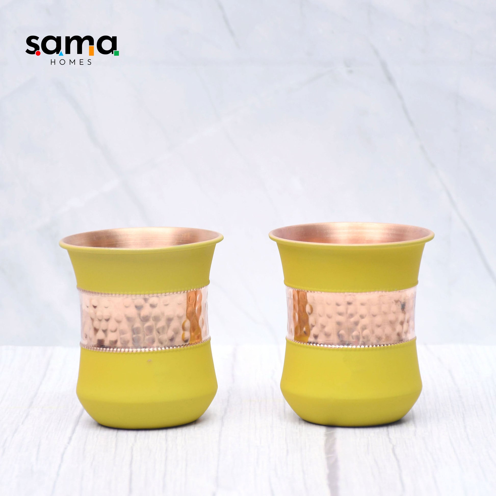 SAMA Homes - pure copper water bottle silk yellow half hammered with 2 dholak glasses set of 3