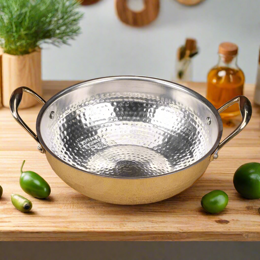 Pure Brass Kadhai Set With Tin Coating Inside | Cooking Ware kadhai Set With Lid- 2.5 Ltr