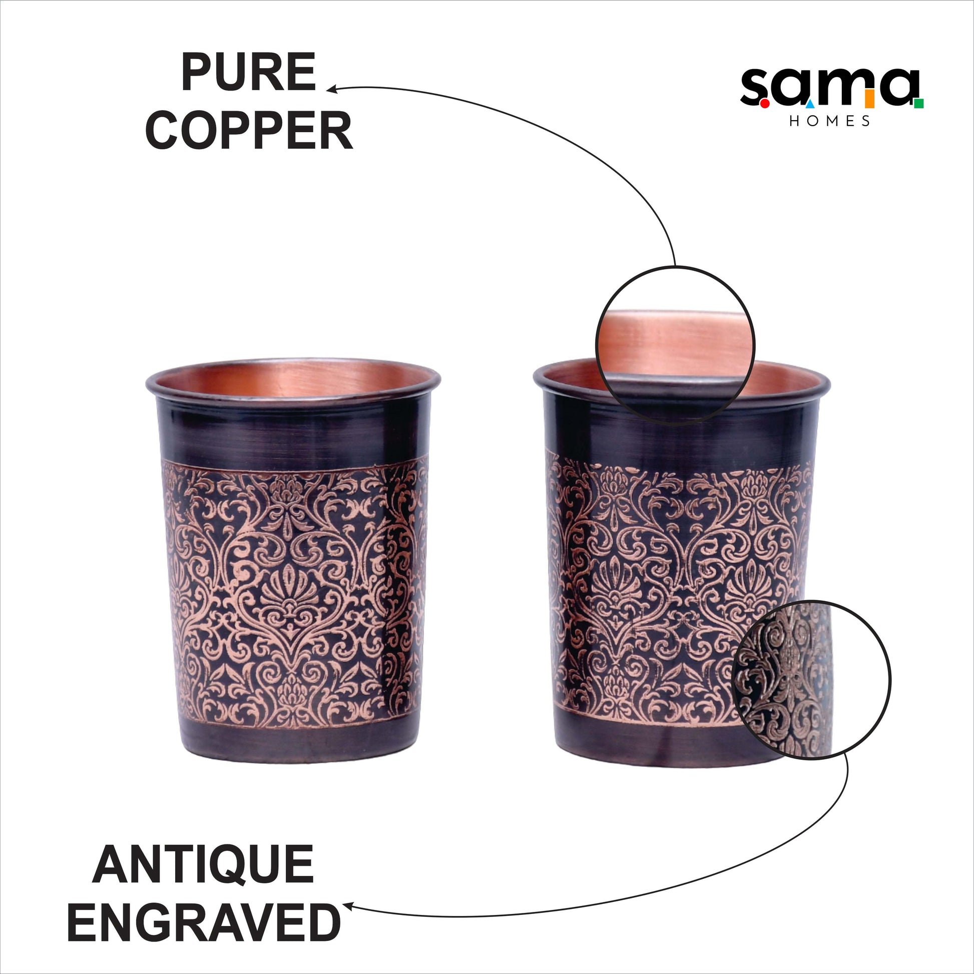 SAMA Homes - pure copper water bottle with 2 glasses black antique engraving design capacity 1000ml