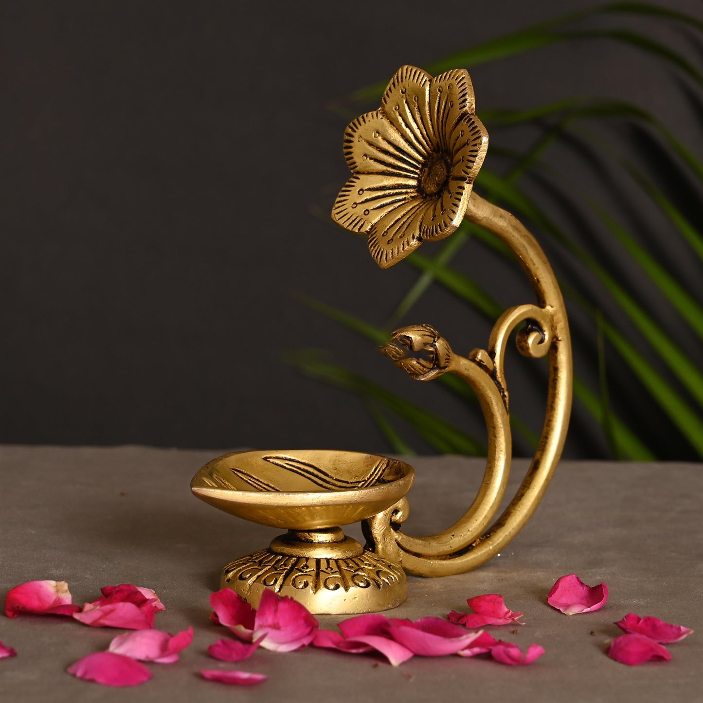 Brass Diya With Flower (5.8 Inch)