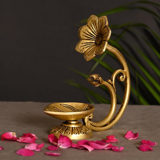 Brass Diya With Flower (5.8 Inch)