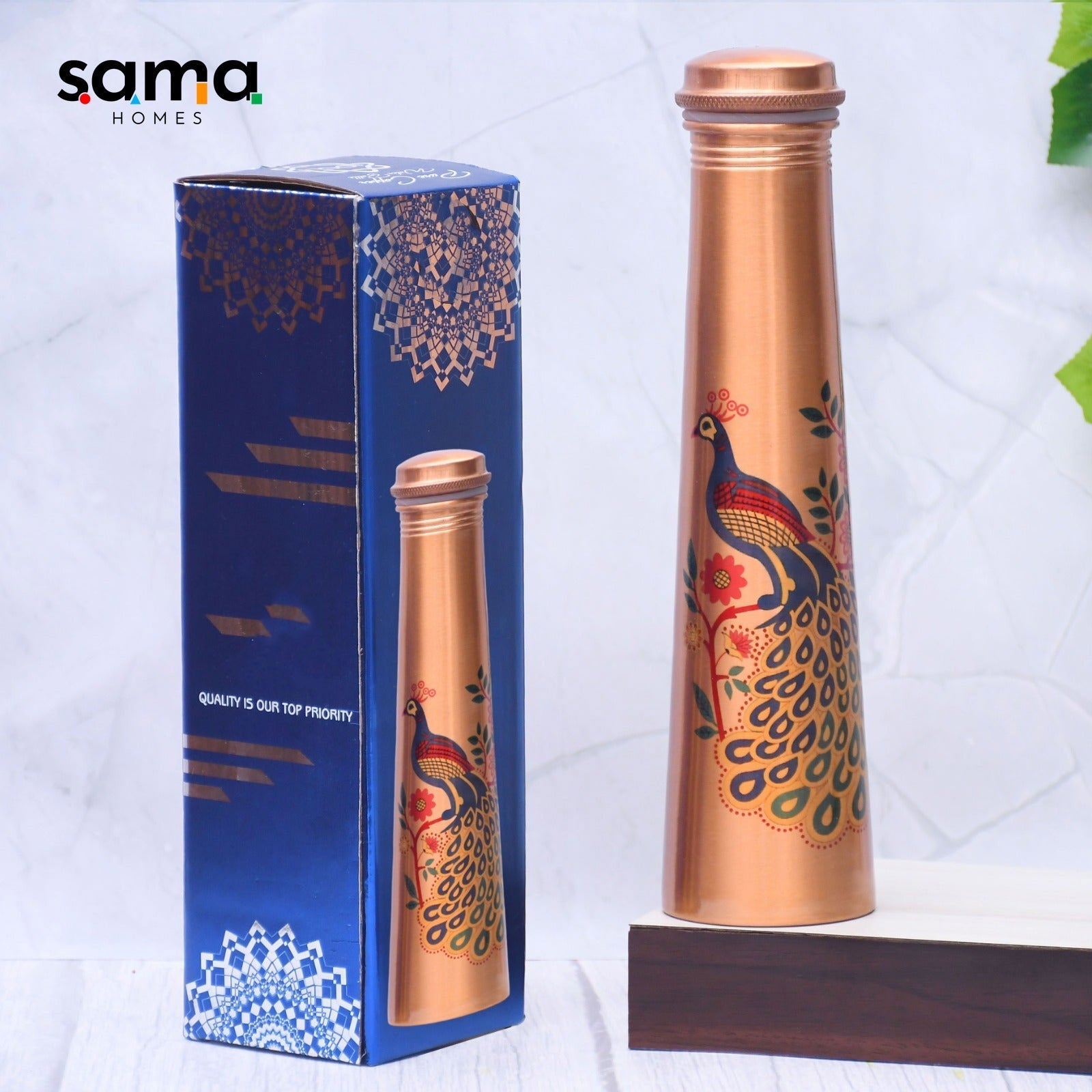 SAMA Homes - pure copper water bottle unique peacock printed designed