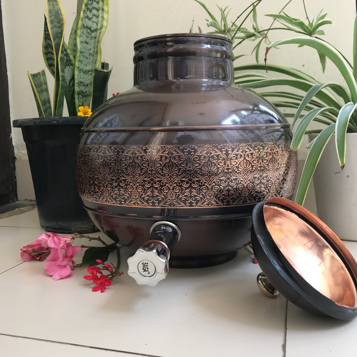 Pure Copper Water Dispenser Antique Engraved Ghada/Pot Capacity