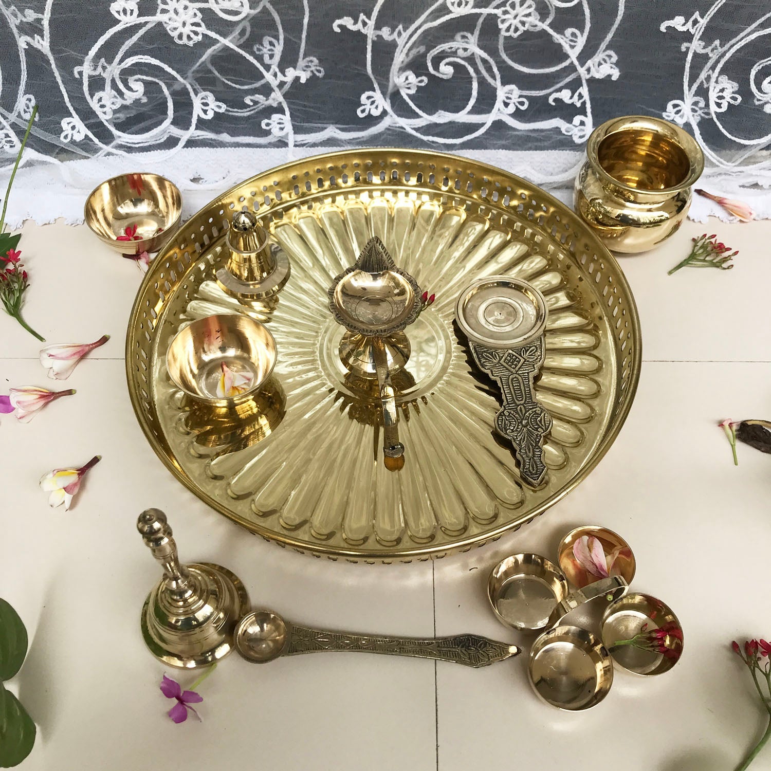 Brass Pooja Thali Flower Design