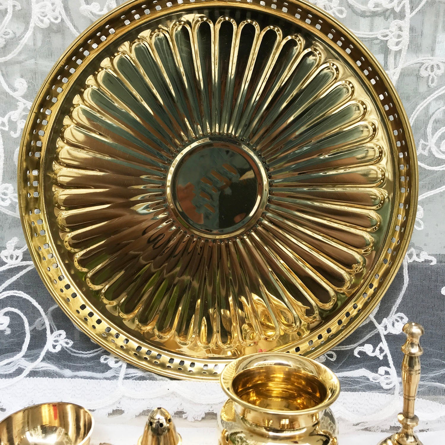 Brass Pooja Thali with Flower Design