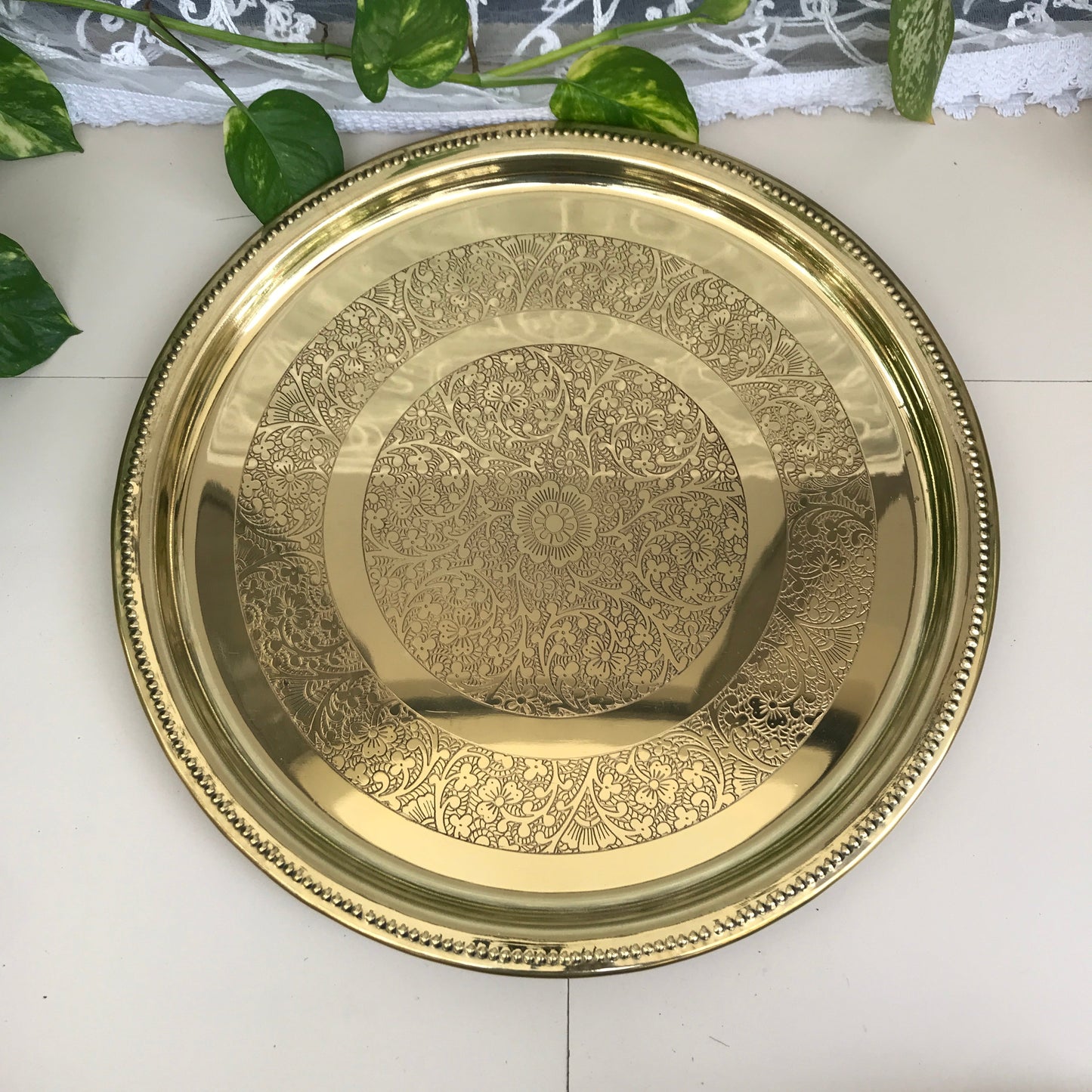 Brass Dinner Thali Set of 6 Pieces | 15" Inches Etched Plate | Premium Dinnerware