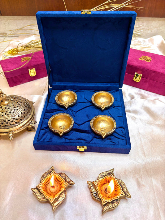 Brass Diya Set of 4 with Velvet Gift Box – Elegant Gift Hamper