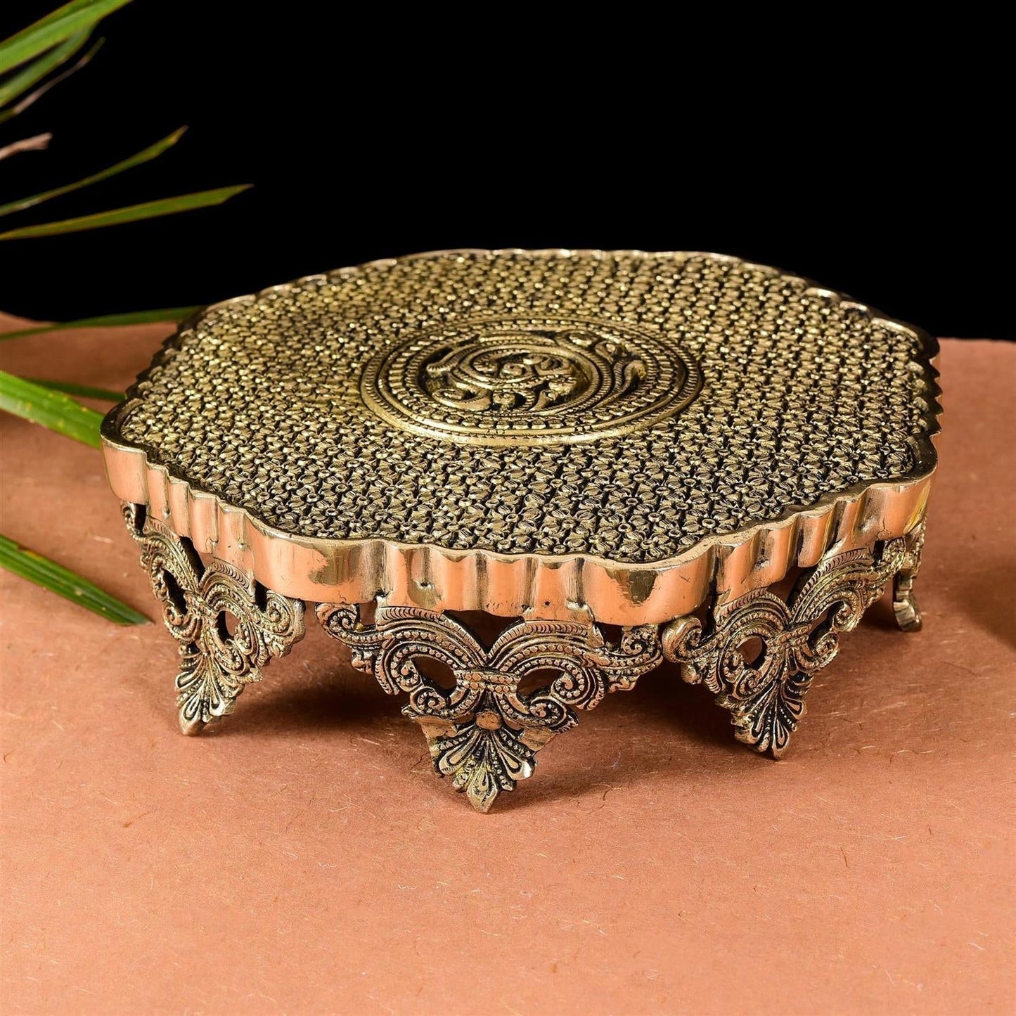 Beautifully Carved Brass Chowki/Stool (3.5 Inch)