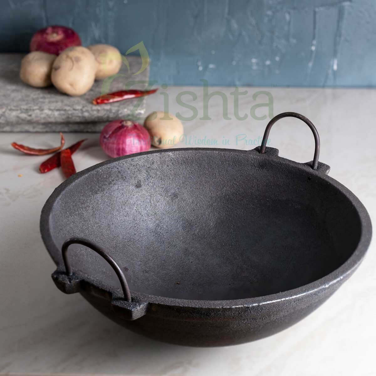 Large Cast Iron Combo: Iron Dosa Tawa, Cast Iron Kadai with Tadka Ladle