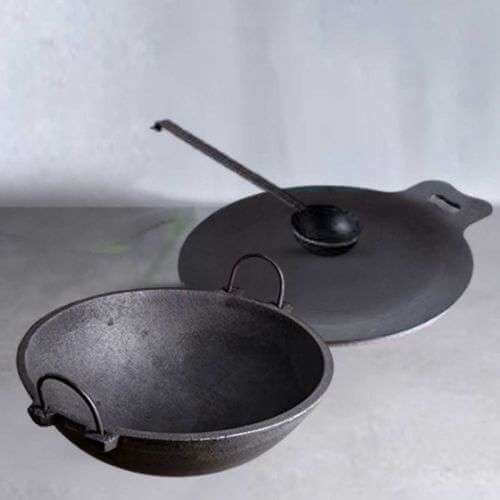 Large Cast Iron Combo: Iron Dosa Tawa, Cast Iron Kadai with Tadka Ladle