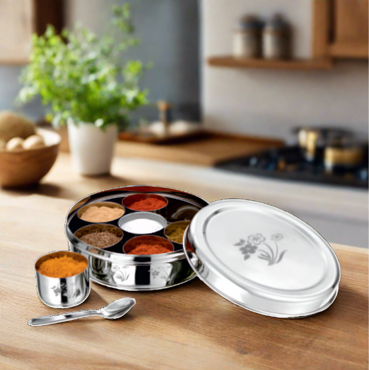 Steel Masala / Spice Box with 7 Storage Bowls and 1 Spoon