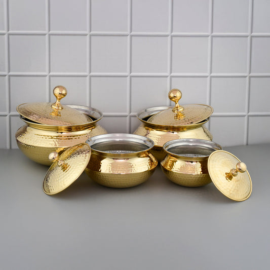 4-Piece Pure Brass Handi Set with Lids – Tin-Coated Traditional Cookware for Cooking & Serving (1.3L to 4.7L)