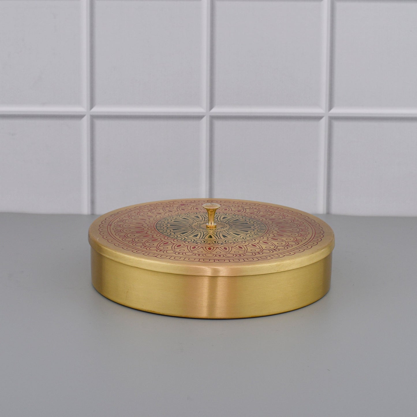 8" Brass Masala Box / Spice Box with Spoon - Red Mandala