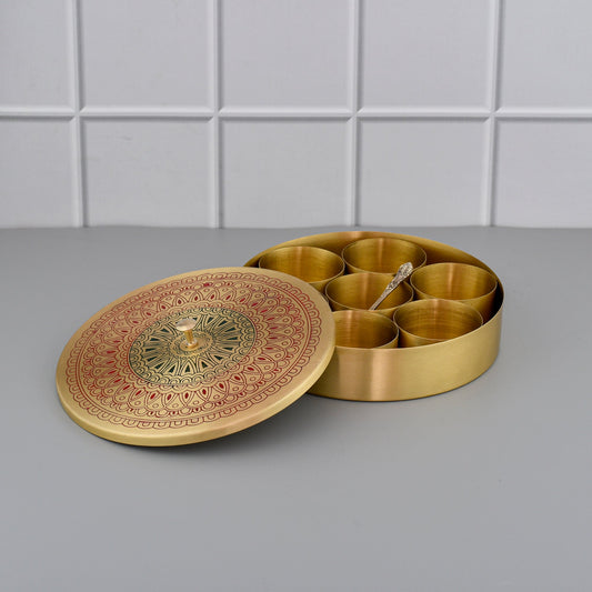 8" Brass Masala Box / Spice Box with Spoon - Red Mandala