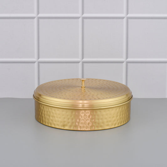 9" High Quality Brass Masala Box / Spice Organizer Box with Spoon - Matte Hammered