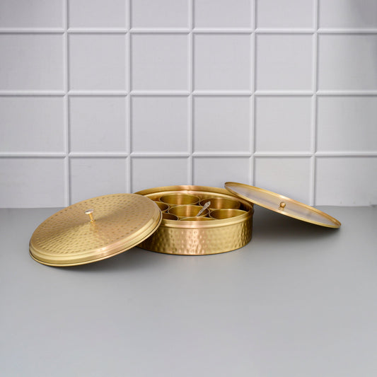 9" High Quality Brass Masala Box / Spice Organizer Box with Spoon - Matte Hammered