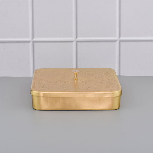 8" Square Brass Masala Box / Spice Organizer Box with Spoon - Matte Etching