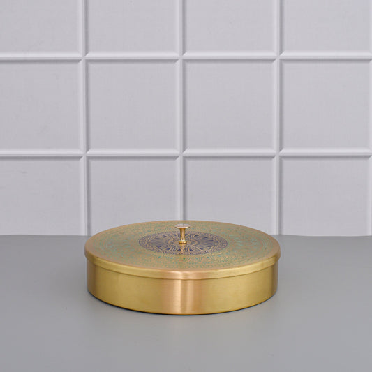 8" Brass Masala Box / Spice Box with Spoon - Green Mandala