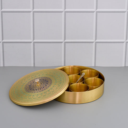 8" Brass Masala Box / Spice Box with Spoon - Green Mandala