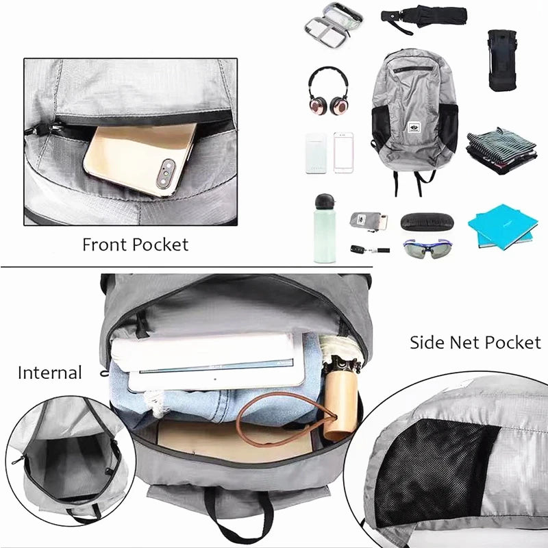 Gray backpack with various compartments and items displayed on a white background
