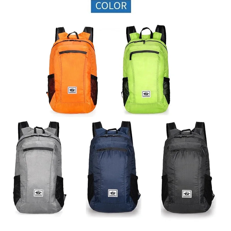 Five backpacks in different colors on a white background