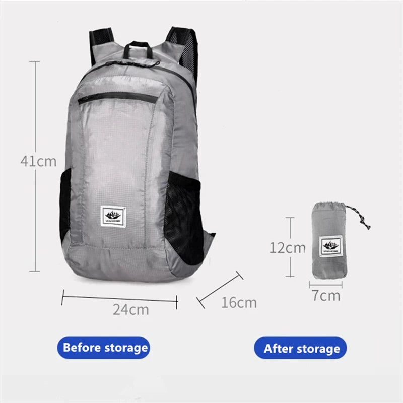 Gray backpack with measurements before and after compression on a white background