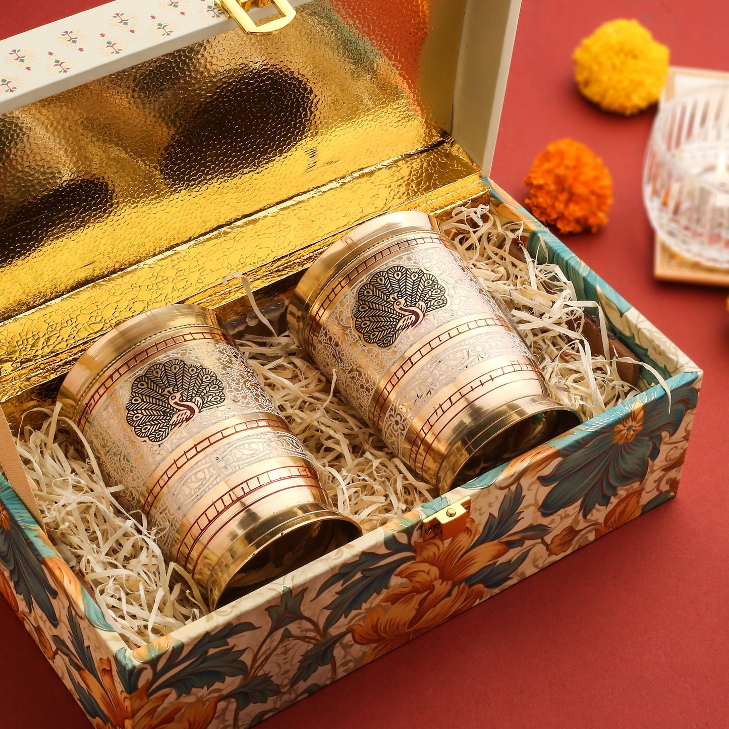 Brass Hand Painted Glass Set of 2 – Luxury Gift Box, Premium Brassware for Corporate & Personal Gifting
