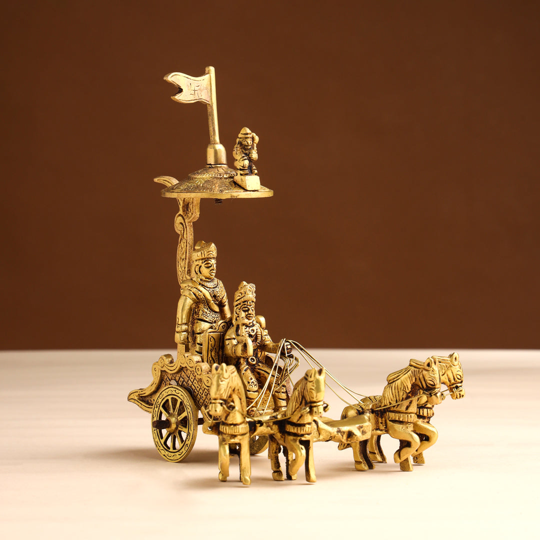 Brass Arjun and Krishna Rath – Divine Chariot Sculpture (7 Inch)