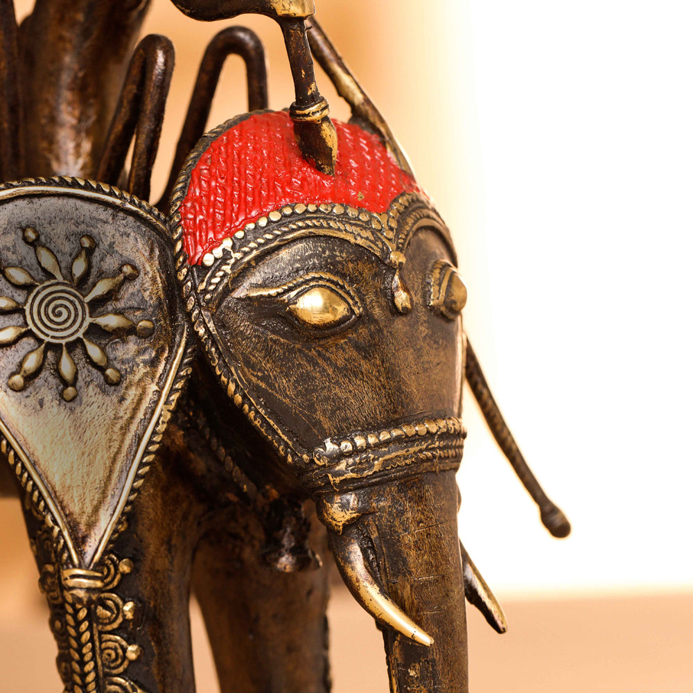 Brass Dhokra Three Monkey Elephant Statue (17.5 Inch)