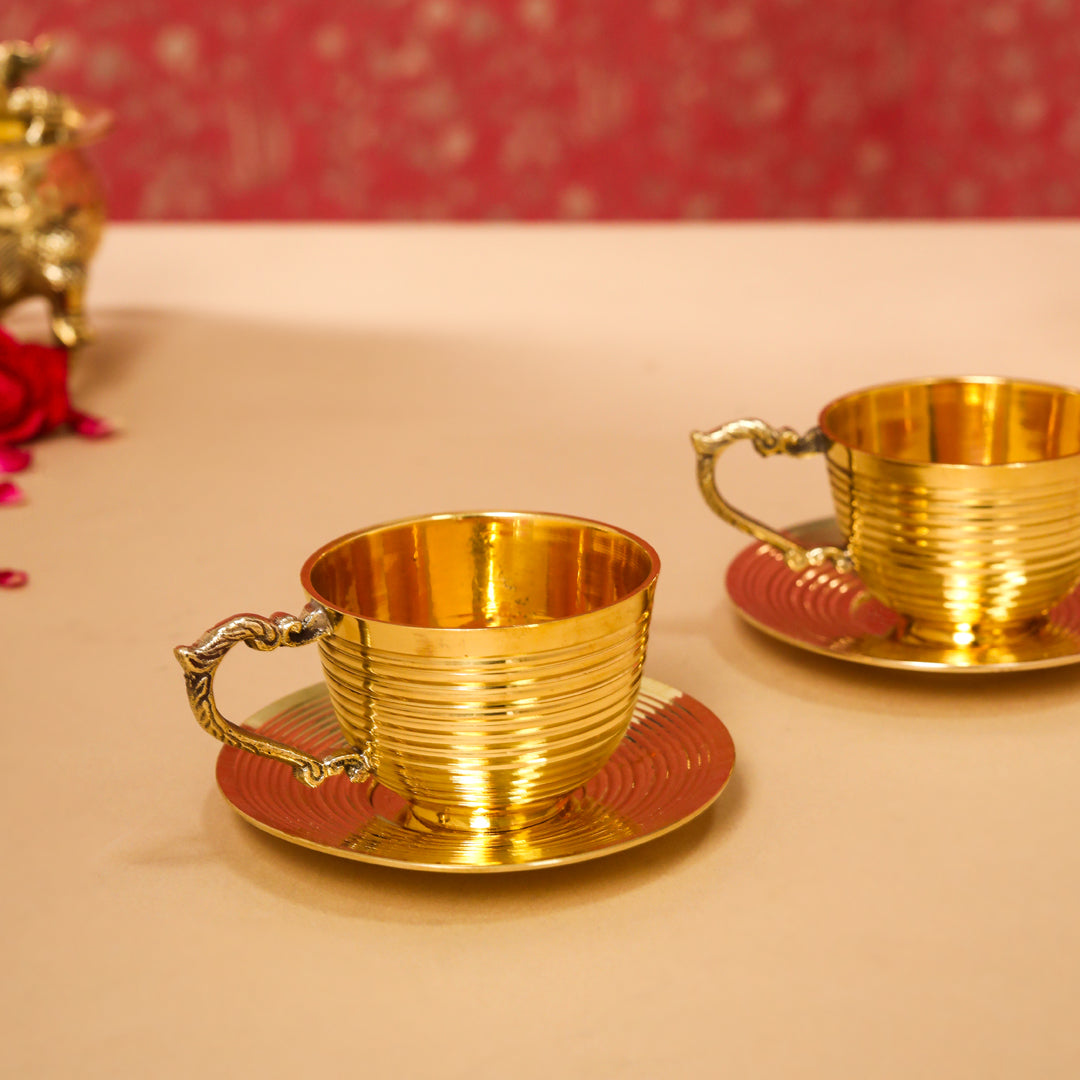 Handcrafted Brass Tea Cups with Saucers – 2-Piece Set | 150 ML | Artisan Dining Tableware