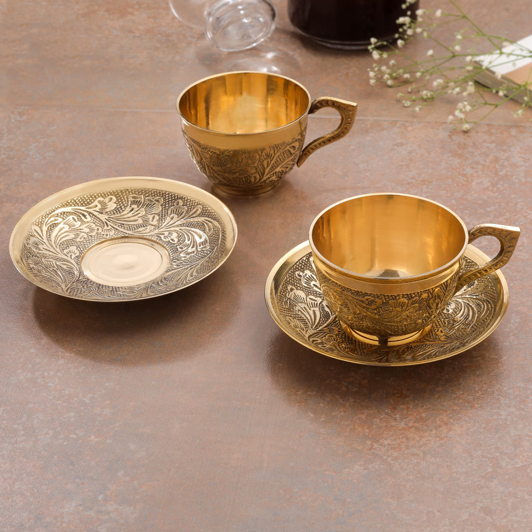 Handcrafted Brass Tea Cups with Saucers – 5 Inch | Traditional Indian Brass Drinkware, 2 Sets