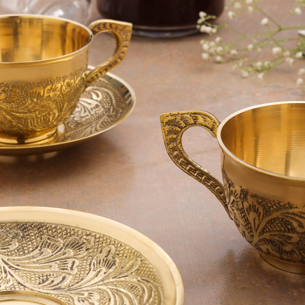 Handcrafted Brass Tea Cups with Saucers – 5 Inch | Traditional Indian Brass Drinkware, 2 Sets