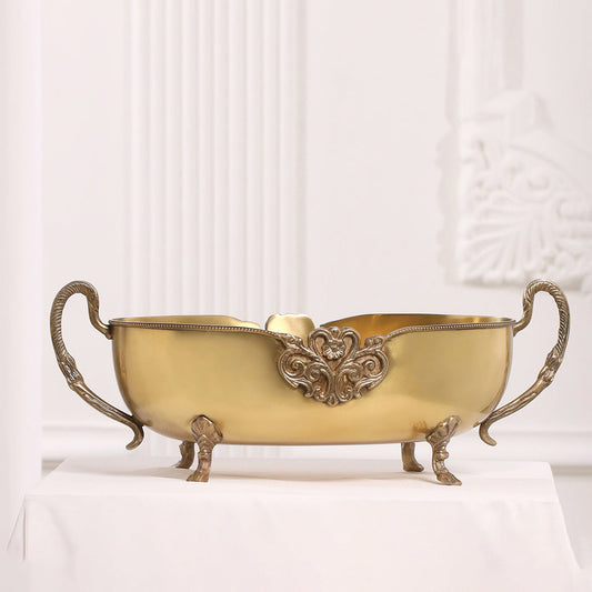 Brass Bowl Embossed Design With Decorative Style Handle (16 Inch)