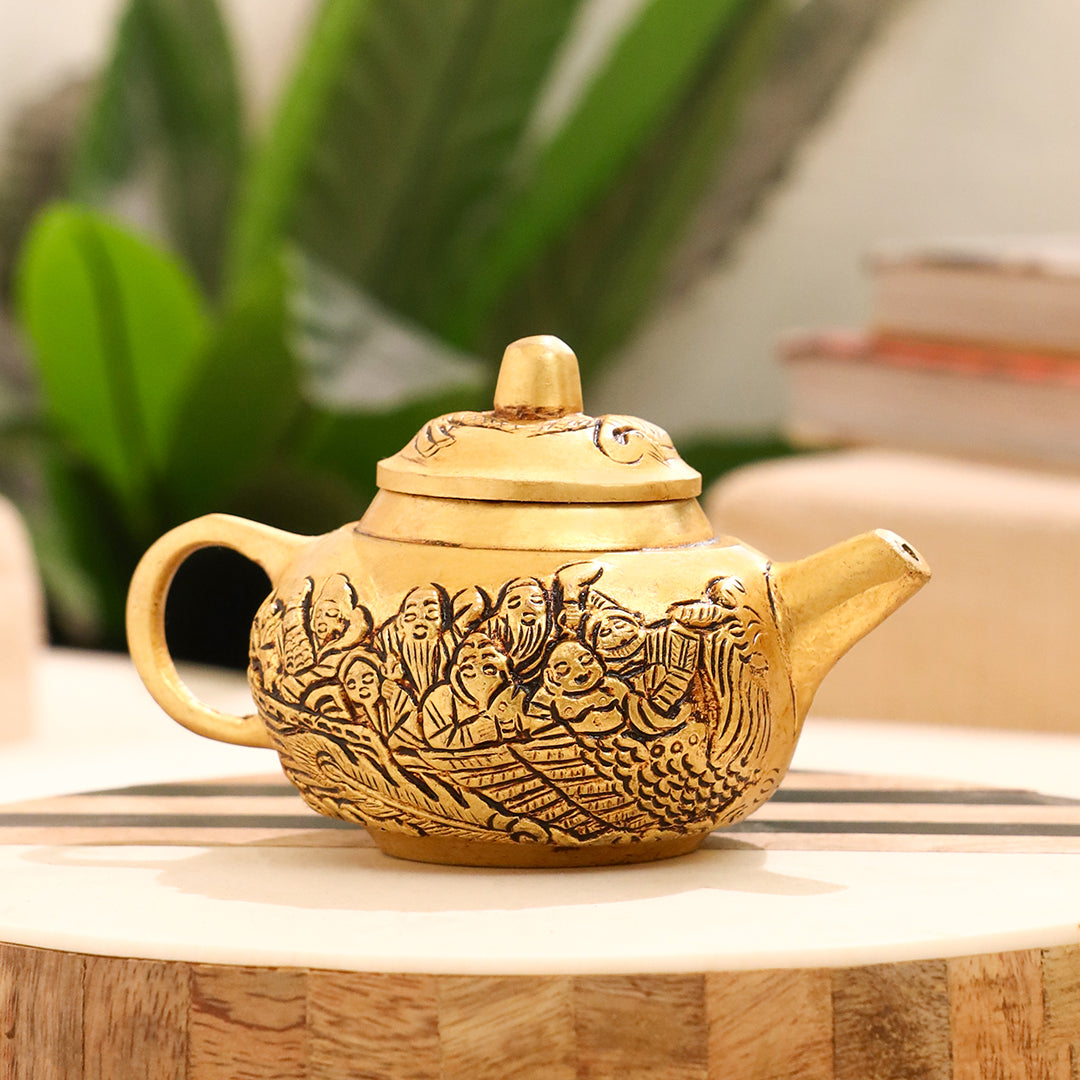 Handcrafted Brass Tea Kettle with Engraved Village Scene – Decorative Antique Patina